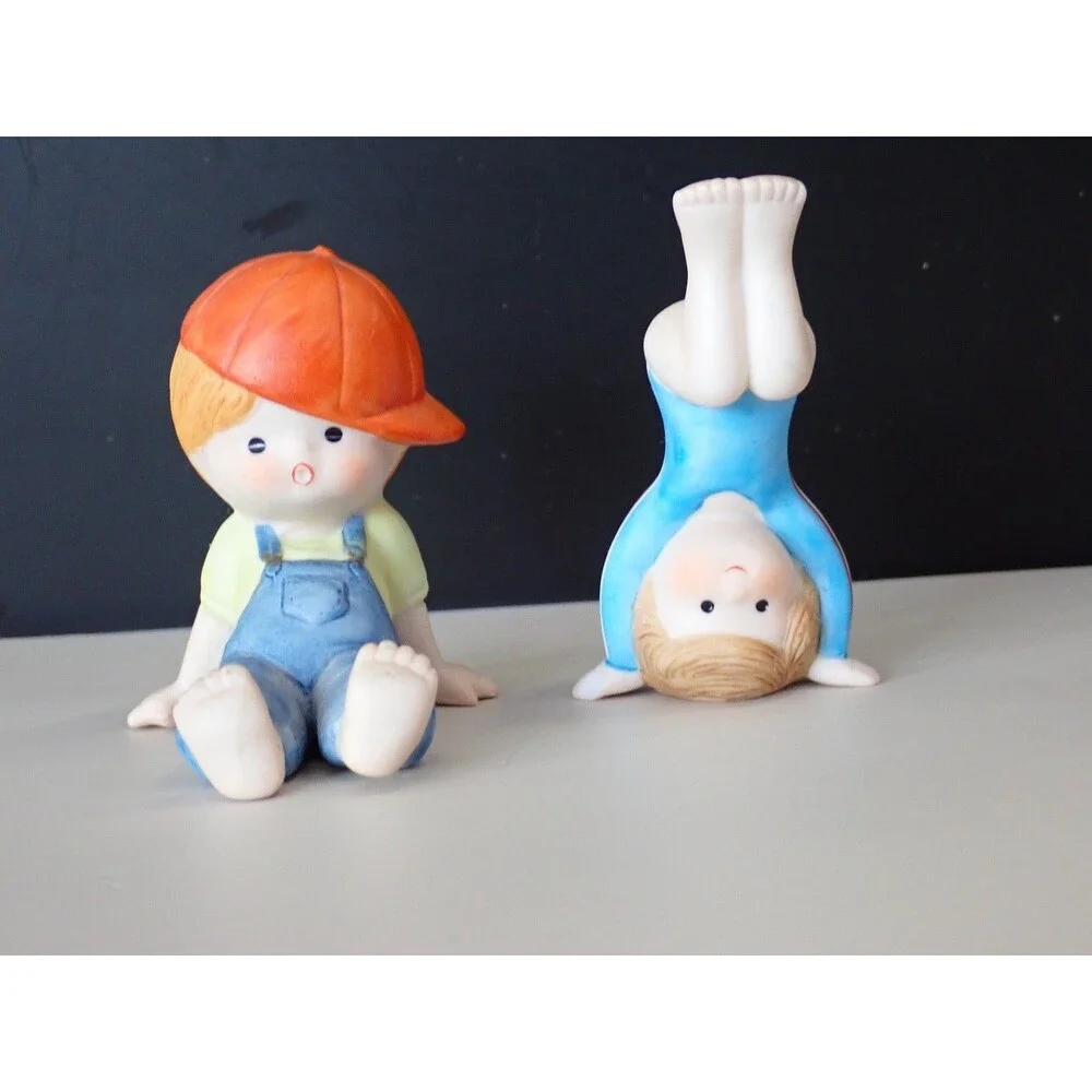 ENESCO Boy & Girl Playing Porcelain Figurine Bisque Set of 2 Vintage 1981 & 1983